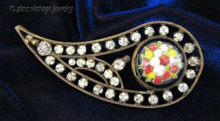 Vintage Art Deco Reverse Painted Glass Floral Brass Rhinestone Swirl Pin Brooch