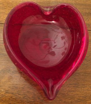 Retro Vintage Murano Style Ruby Red Bubble Art Glass Ash Tray Bowl Heart Shape