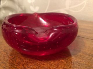 RETRO VINTAGE MURANO STYLE RUBY RED BUBBLE ART GLASS ASH TRAY BOWL Heart Shape 5