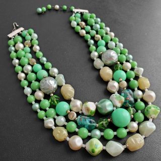 Vintage Multi Strand Green Glass & Lucite Molded Bead Necklace T1