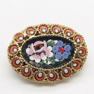 Vintage Micro Mosaic Flowers Gold Tone Ladies Costume Jewellery Pin Brooch