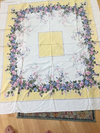 Vintage Cotton Floral Tablecloth 52 X45 " Pink Blue Yellow Green Flowers
