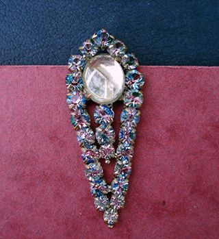 Art Deco Dress Clip Brooch Rainbow/iris Glass & Domed Mirrored Cabochon Vintage