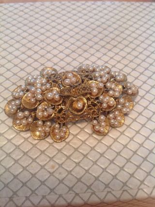 Vintage Large Gold Tone Brooch With Faux Pearls
