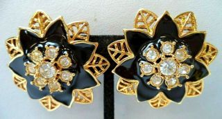Stunning Vintage Estate Rhinestone Enameled Flower 1 3/8 " Clip Earrings 2320t