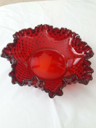 Vintage Fenton Art Glass Ruby Red Hobnail Pattern Ruffled Bowl,  Candy Dish 7.  5 "