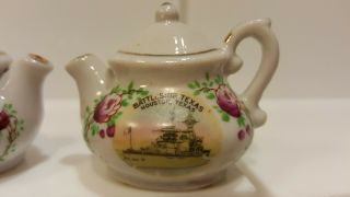 Vintage Miniature Battleship Texas Floral Tea Pot SALT and PEPPER SHAKERS Japan 2