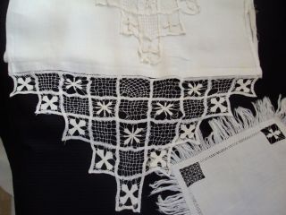 2 Vintage Linens White Embroidered Runner Doily Crocheted Ends/borders