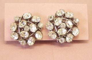 Vintage Round Barclay Earrings Clear Rhinestone Silver Clip Costume Jewelry 50 