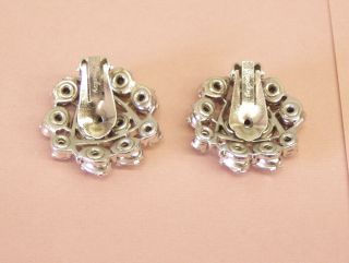 Vintage Round Barclay Earrings clear rhinestone silver clip Costume Jewelry 50 ' s 4
