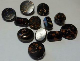 Group Of 12 Vintage Black Glass Buttons With Gold Stone Accents