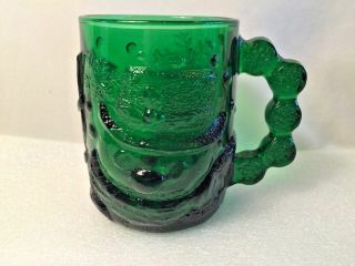 Vintage Embossed Snowman Winter Cocoa Coffee Tea Mug Green Glass