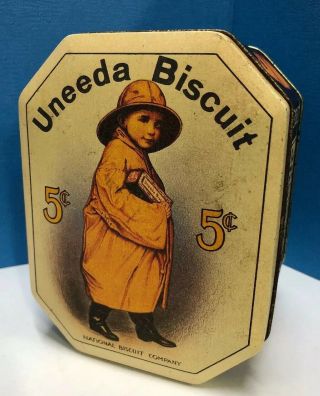 Vintage Bristolware Uneeda National Biscuit Co Raincoat Boy Tin Can Box Canister
