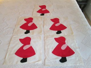 5 Red Sunbonnet Sue Vintage Quilt Blocks Squares 12 " X 12 " Hand Appliqued