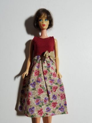 Barbie Size Handmade Flower Print Maroon Bodice Sleeveless Dress - No Doll