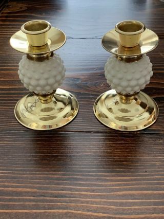 Vintage Brass And Hobnail Milk Glass Candlestick Holders.  Made In Japan