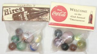 2 Old Stock Vintage Marble In Packages - Coca - Cola Coke & Hires Root Beer