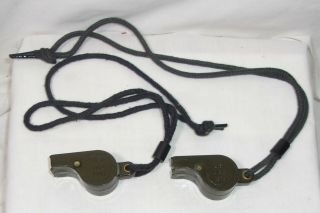 2 Vintage Army Green Military Whistles With Black Cords - U.  S - J.  G.  B.  1978 1986