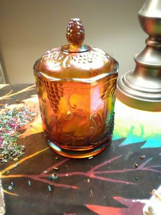 Vintage " Indiana " Iridescent Marigold Carnival Glass Candy Dish W/lid