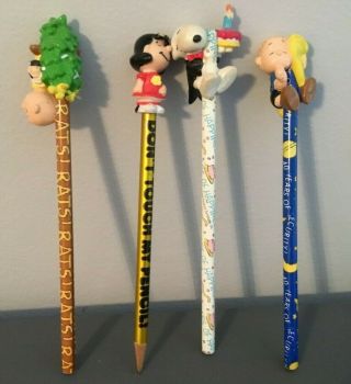 4vintage Peanuts Characters Charlie Brown Snoopy Linus Lucy Pencils With Toppers