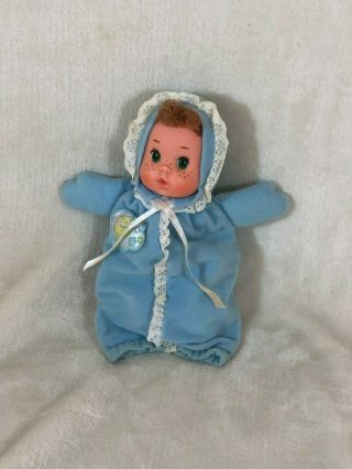 Mattel 1984 Blue Bunting 8 " Baby Beans Freckles Curls Doll Vintage Cloth Body 84
