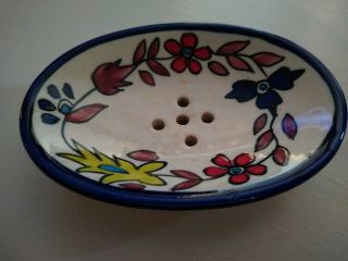 Vintage Handpainted Ceramic Floral Soap Dish Trinket Dish Mexican Pottery,  Heavy