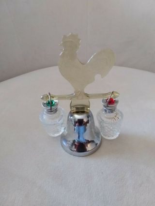 Vintage Rooster Dinner Bell With Glass Hanging Salt And Pepper Shakers