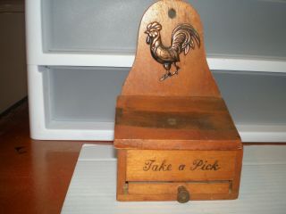 Vintage Wood Toothpick Dispenser/ Holder Rooster " Take A Pick ".