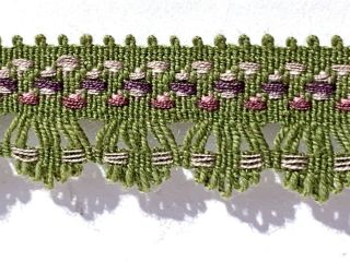 Vintage Olive Green Cotton Scalloped Edge Trim With Pink And Lavender Thread