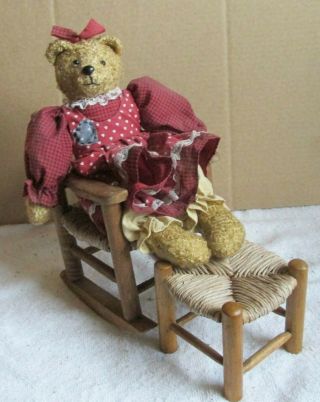 Vintage Wood Rocking Chair And Foot Stool With Rattan Seat With Small Brown Bear