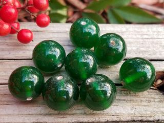 (8) Large Heavy Vintage Emerald Green Glass Lampwork Beads Old German Stock 16mm