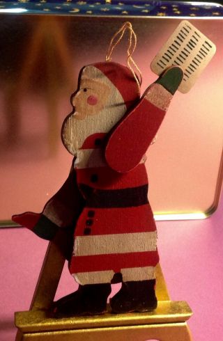 Vintage Wooden Santa Clause Whirligig Ornament,  Arms Spin 5 " Tall Bag & List