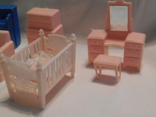 Vintage Pink Plastic doll house furniture,  Bedroom,  Living Room,  Nursery 3