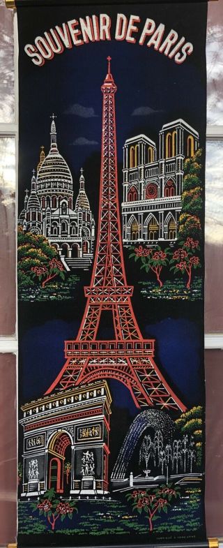 Vintage Paris France Eiffel Tower Tapestry Wall Hanging Panel Souvenir 32”x13”