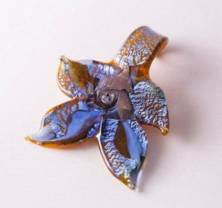 Blue And Orange Artisan Art Blown Glass Vintage Leaf Necklace Pendant