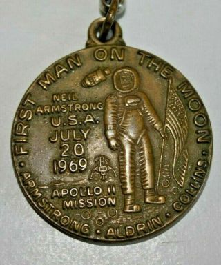 Vintage Brass Nasa Apollo 11 First Man On The Moon Commemorative Key Chain 1969