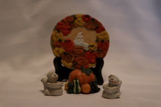 Vintage Mini Resin Tea Set Partial Autumn Ghosts Pumpkins