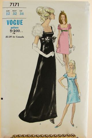 Vtg 60s Vogue 7171 Low Cut Bodice Empre Waist Evening/cocktail Dress - 12/32