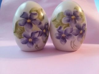 Vintage Signed Hand Painted Flowers Egg Shaped Salt And Pepper Shakers