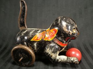 Vintage 1930 - 40  S Marx Tin Litho Black Cat & Red Wood Ball Tail Wind Up Toy