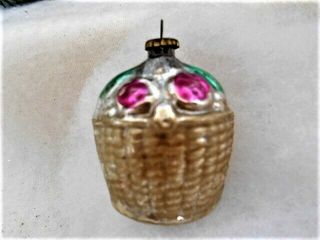 Vintage Tiny Mercury Glass Flower Basket Pink Roses & Green Leaves Ornament