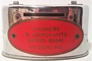 Vintage Metal Coin Bank Advertising Farmers & Merchants Union Bank Columbus,  Wi