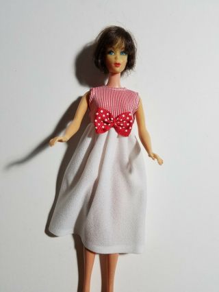 Barbie Size Vintage Handmade White Dress With Red Striped Bodice - No Doll