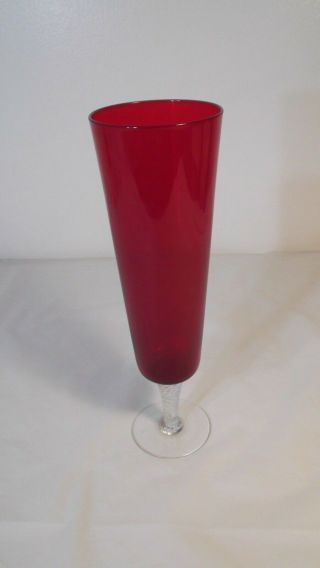 Vintage Tall Ruby Red Glass Stretch Pedestal Vase With Twisted Clear Glass Base