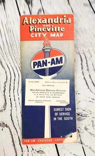 Vintage Alexandria & Pineville City Map 1950s Pan - Am Service Station Louisiana