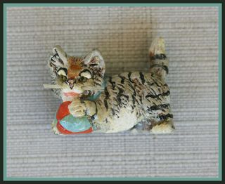 Cute Vintage Miniature Hand - Painted Cat Playing With Ball Figurine