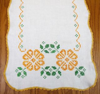 Embroidered Linen Table Runner vintage dresser scarf gold crochet 13 x 38 