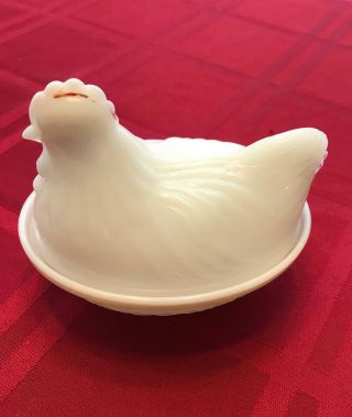 Vintage White Milk Glass Chicken Nesting Covered Candy Dish Bowl Collectible
