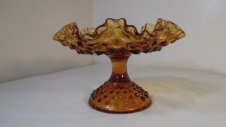 Vintage Amber Glass Hobnail Pedestal Compote Candy Dish With Ruffle Edge