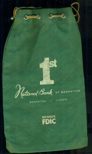 Vintage First National Bank Of Manhattan Illinois Canvas Money Bag 11 " X 6 1/2 "